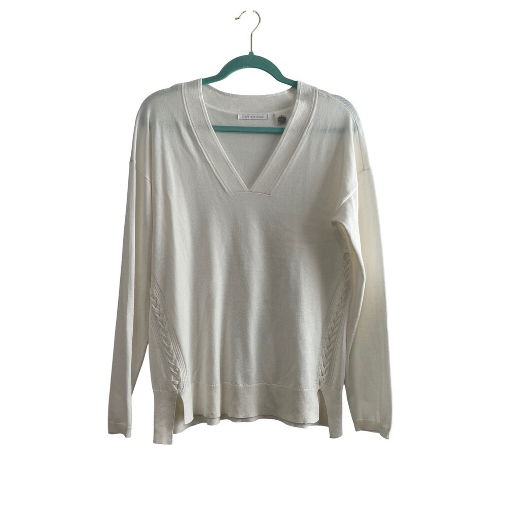 Linda Matthews White V-Neck Sweater Braided‎ Side Detail Rayon Blend Large